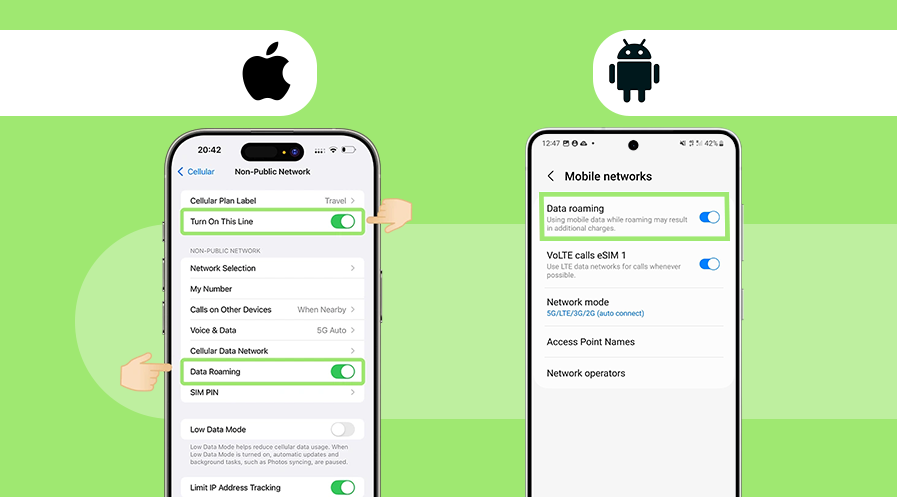 How to enable data roaming for eSIM on iPhone and Android devices