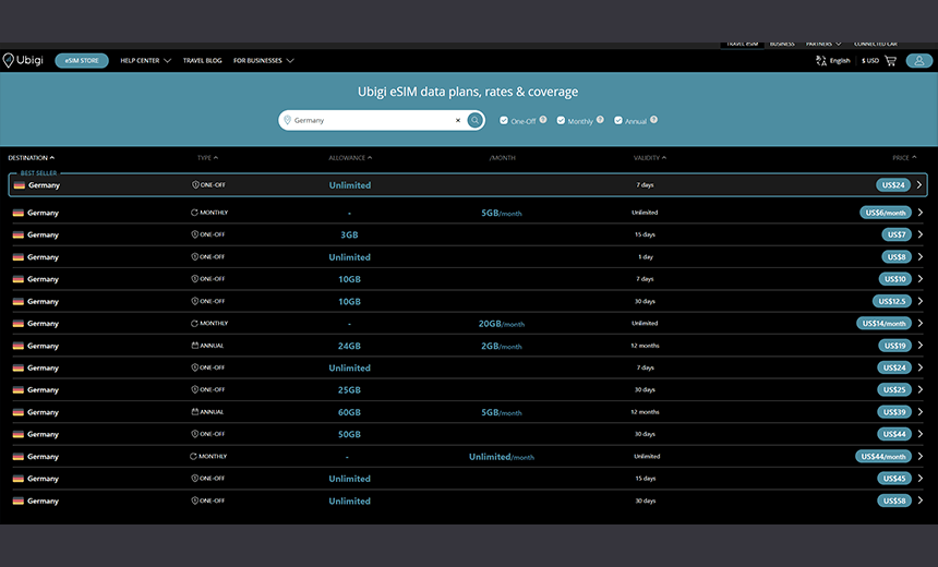 Ubigi Germany eSIM plans and pricing page screenshot