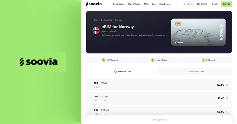 Soovia Norway eSIM page screenshot and logo