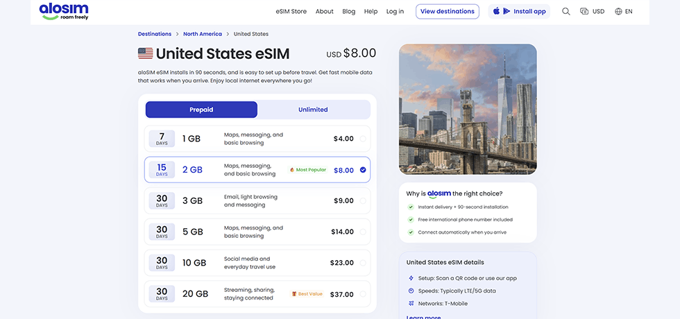 aloSIM USA eSIM plans and pricing screenshot