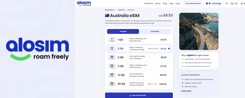 aloSIM eSIM Australia Screenshot and logo