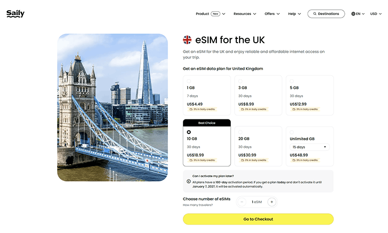 Saily UK eSIM plans page