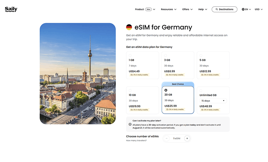 Saily Germany eSIM plans and pricing page screenshot
