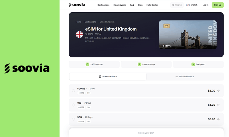 Soovia UK eSIM plans page