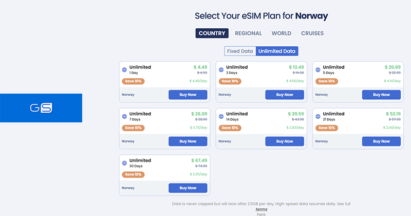 GigSky Norway eSIM page screenshot and logo