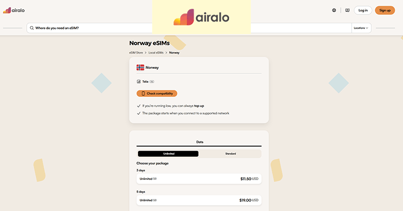 Airalo Norway eSIM page screenshot and logo