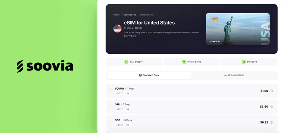 Soovia USA eSIM plans and pricing screenshot