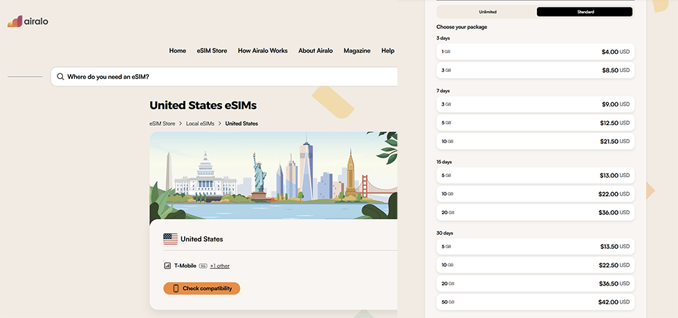 Airalo USA eSIM plans and pricing screenshot
