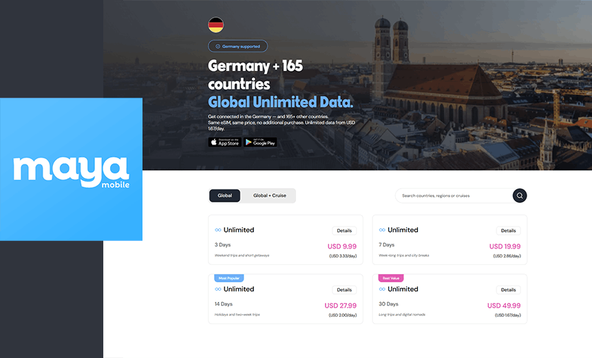 Maya Mobile Germany eSIM plans and pricing page screenshot