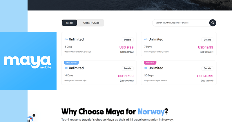 Maya Mobile Norway eSIM page screenshot and logo