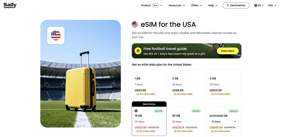 Saily USA eSIM plans and pricing screenshot
