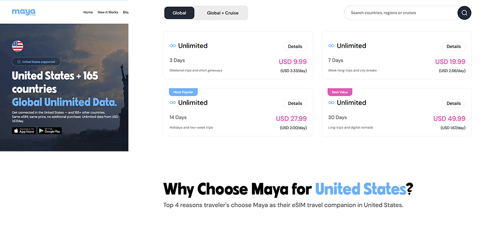 Maya Mobile global eSIM plans and pricing screenshot