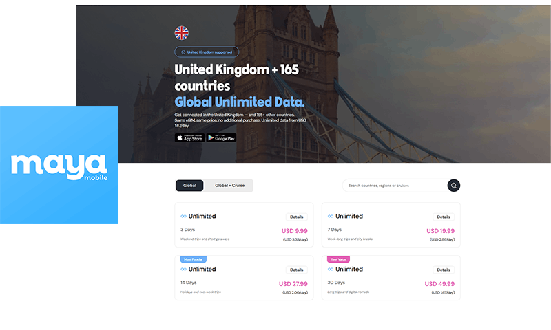 Maya Mobile UK eSIM plans page