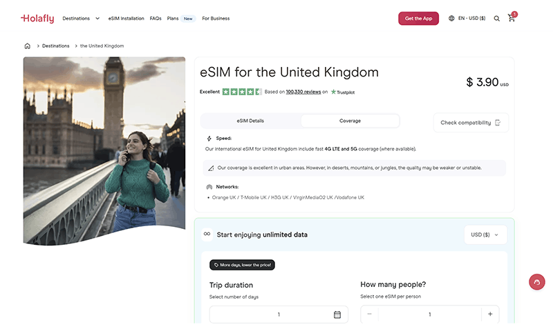 Holafly UK eSIM plans page