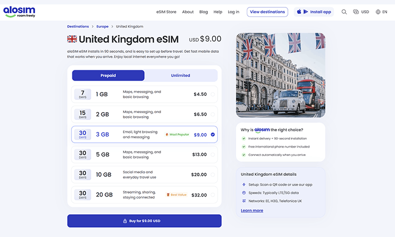 aloSIM UK eSIM plans page