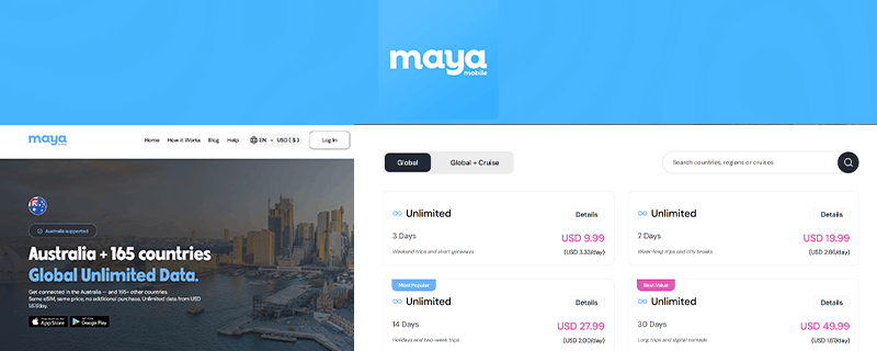 Maya Mobile eSIM Australia Screenshot and logo