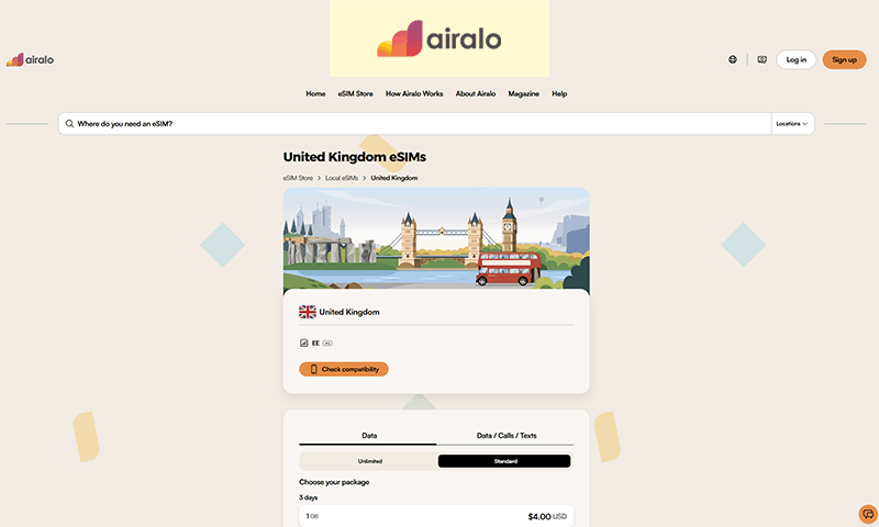 Airalo UK eSIM plans page