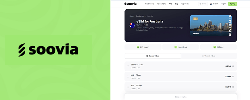 Soovia eSIM Australia Screenshot and logo