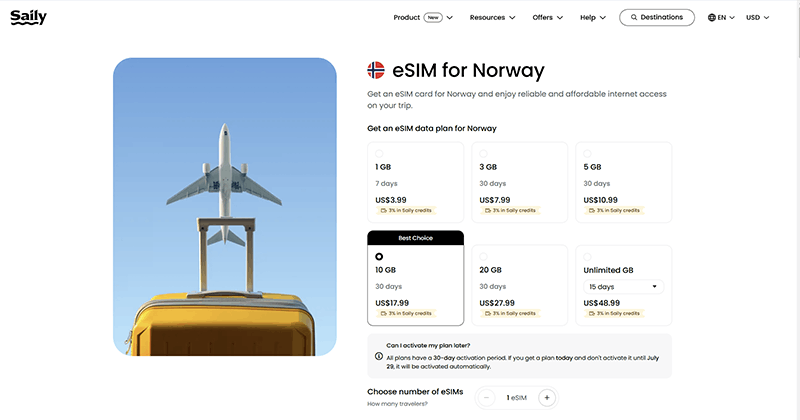 Saily Norway eSIM page screenshot and logo